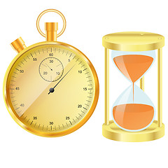 Image showing Gold stopwatch and hourglass