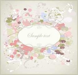 Image showing Greeting card with splashes, drops  and  vignette. Decorative frame from drops and splashes and vignette.