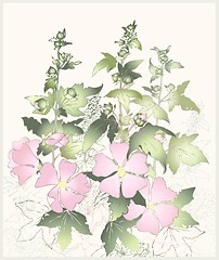 Image showing Pink flowers mallow with green leaves. Greeting card with mallow.