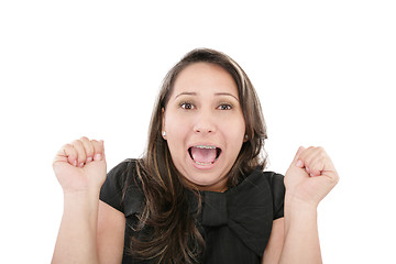 Image showing beautiful young woman looking scared on white background 