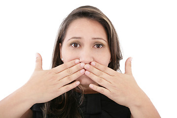 Image showing Beautiful young woman covering the face with her hands, isolated