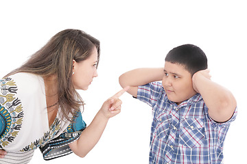 Image showing Mother scolding her son with pointed finger 