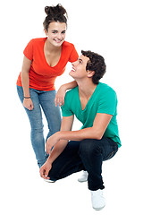 Image showing Adorable teenage love couple posing together