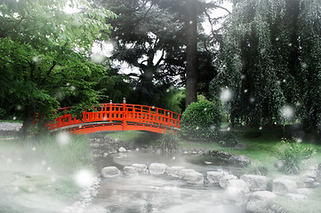 Image showing Red bridge in a japanese garden