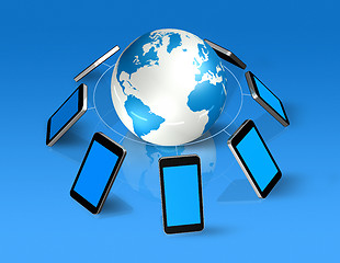 Image showing 3D mobile phones around a world globe