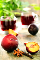 Image showing Plums, spices and cups compote. 