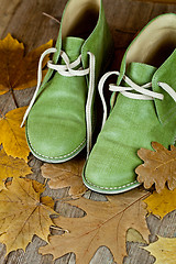 Image showing green leather boots and yellow leaves