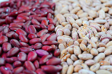 Image showing Close-up dry white and red beans on natural light