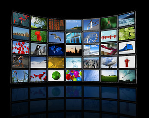 Image showing Wall of flat tv screens