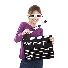 Image showing Girl with 3D glasses and a clapboard