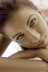 Image showing Beautiful young woman tanning in solarium