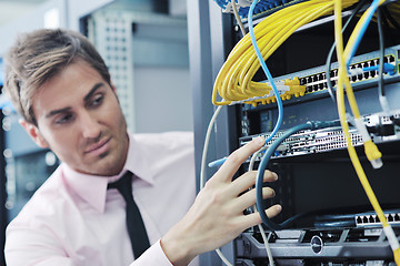 Image showing young it engeneer in datacenter server room