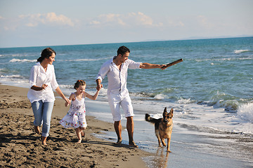 Image showing happy family playing with dog on beach