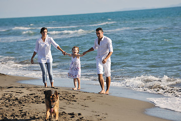 Image showing happy family playing with dog on beach