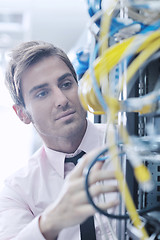 Image showing young it engeneer in datacenter server room