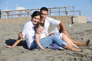 Image showing happy family playing with dog on beach