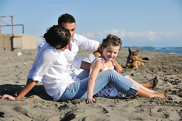 Image showing happy family playing with dog on beach