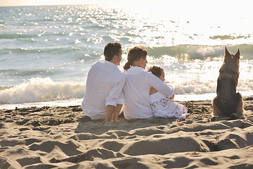 Image showing happy family playing with dog on beach