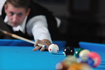 Image showing young man play pro billiard game 