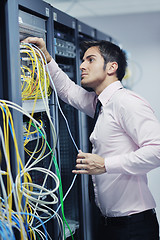 Image showing young it engeneer in datacenter server room