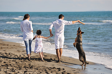 Image showing happy family playing with dog on beach