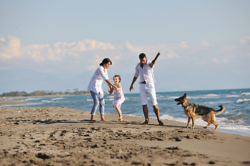 Image showing happy family playing with dog on beach