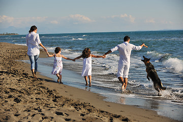 Image showing happy family playing with dog on beach