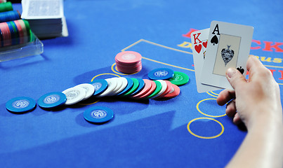 Image showing woman play black jack card game in casino