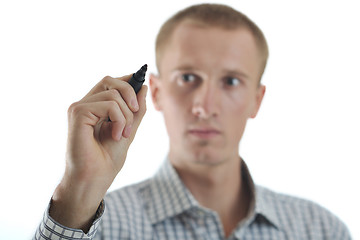 Image showing handsome young business man touching screen isolated