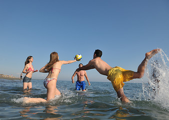 Image showing young people group have fun and play beach volleyball