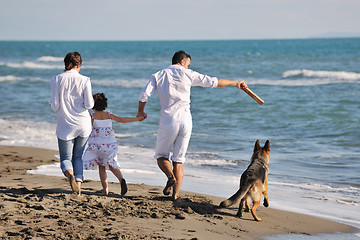 Image showing happy family playing with dog on beach