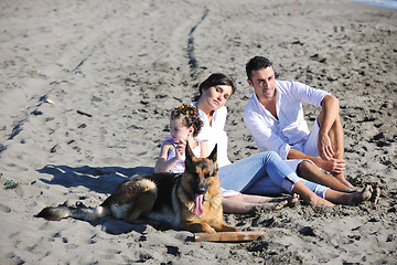 Image showing happy family playing with dog on beach