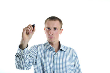 Image showing handsome young business man touching screen isolated