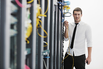 Image showing young it engeneer in datacenter server room