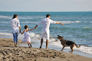 Image showing happy family playing with dog on beach