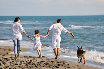 Image showing happy family playing with dog on beach