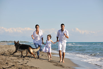 Image showing happy family playing with dog on beach