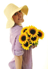 Image showing woman with sunflower isolated on white