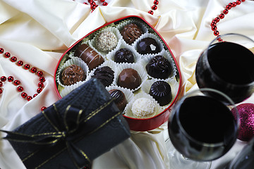 Image showing wine, chocolate and praline decoration 