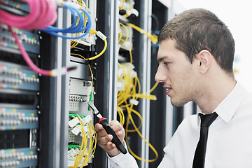 Image showing young it engeneer in datacenter server room