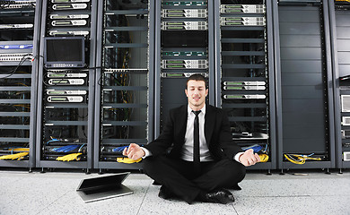 Image showing businessman with laptop in network server room