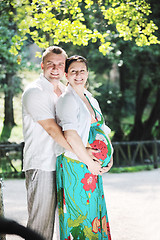 Image showing Happy pregnant couple at beautiful sunny day in park