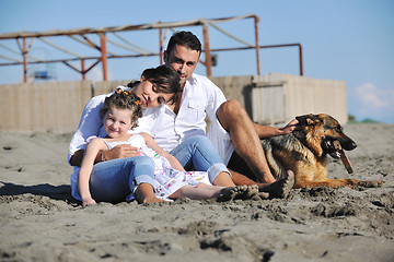 Image showing happy family playing with dog on beach