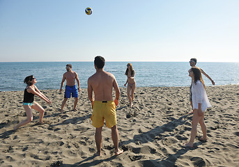 Image showing young people group have fun and play beach volleyball