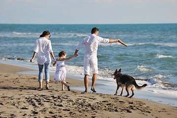 Image showing happy family playing with dog on beach