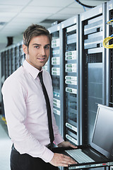 Image showing young it engeneer in datacenter server room