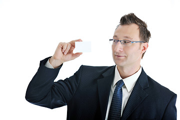 Image showing young businessman with empty white card