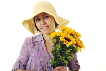 Image showing woman with sunflower isolated on white