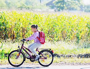 Image showing schoolgirl traveling to school on bicycle