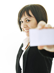 Image showing young business  woman displaying empty business card